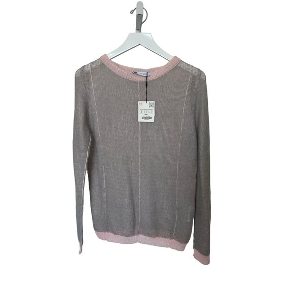 Zara Pearl Grey & Pink Alpaca Wool Blend Crewneck Sweater - Picture 3 of 5